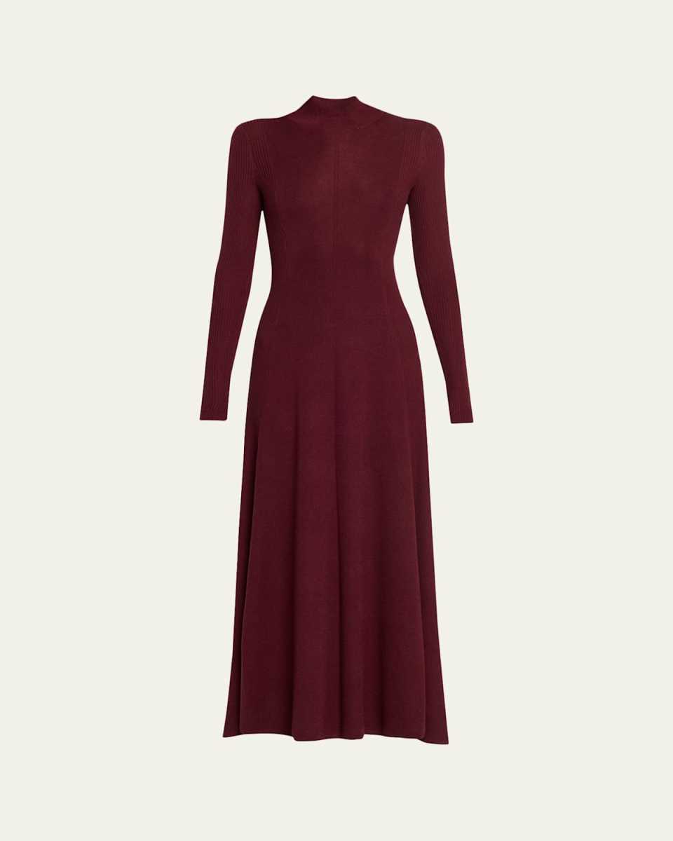Rib Godet Long-Sleeve Midi Dress